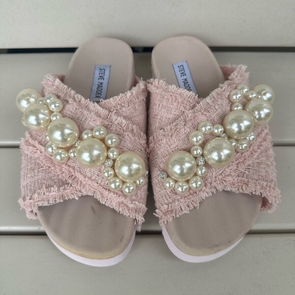 Steve Madden Women's Amie Flat Pink Boujee Pearls Slide Sandal House Slippers 6 - Picture 2 of 7
